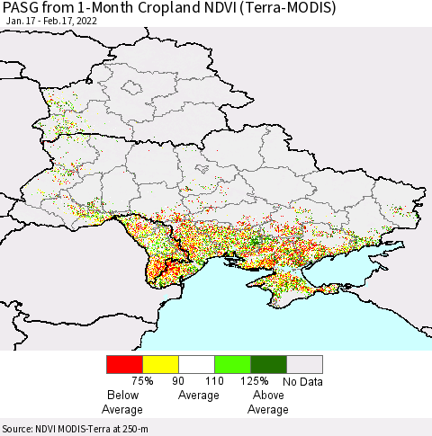 Ukraine, Moldova and Belarus PASG from 1-Month Cropland NDVI (Terra-MODIS) Thematic Map For 2/10/2022 - 2/17/2022