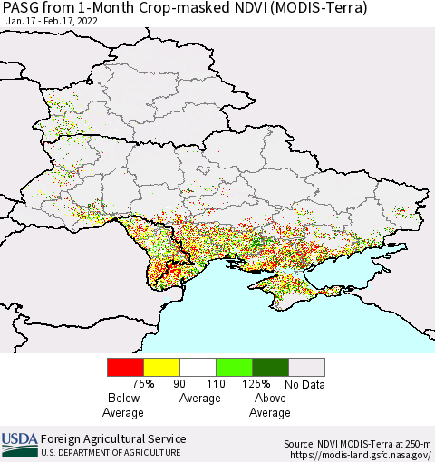 Ukraine, Moldova and Belarus PASG from 1-Month Cropland NDVI (Terra-MODIS) Thematic Map For 2/11/2022 - 2/20/2022