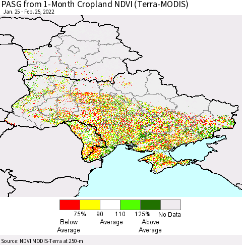 Ukraine, Moldova and Belarus PASG from 1-Month Cropland NDVI (Terra-MODIS) Thematic Map For 2/18/2022 - 2/25/2022