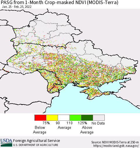 Ukraine, Moldova and Belarus PASG from 1-Month Cropland NDVI (Terra-MODIS) Thematic Map For 2/21/2022 - 2/28/2022