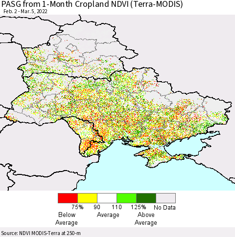Ukraine, Moldova and Belarus PASG from 1-Month Cropland NDVI (Terra-MODIS) Thematic Map For 2/26/2022 - 3/5/2022