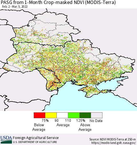 Ukraine, Moldova and Belarus PASG from 1-Month Cropland NDVI (Terra-MODIS) Thematic Map For 3/1/2022 - 3/10/2022