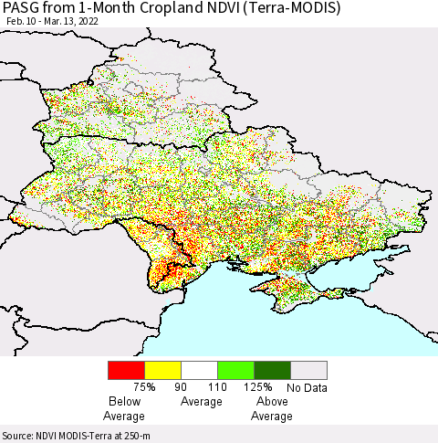 Ukraine, Moldova and Belarus PASG from 1-Month Cropland NDVI (Terra-MODIS) Thematic Map For 3/6/2022 - 3/13/2022