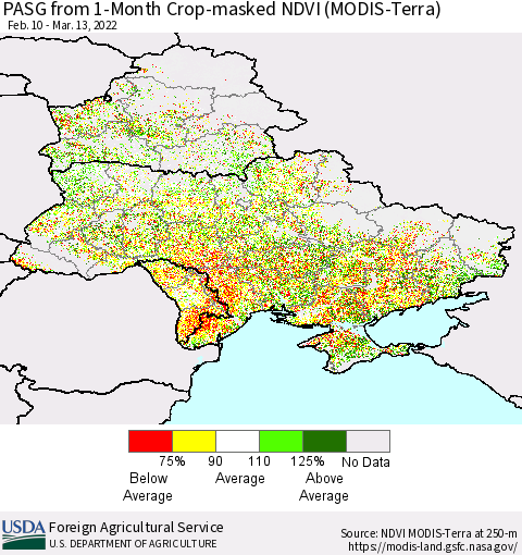 Ukraine, Moldova and Belarus PASG from 1-Month Cropland NDVI (Terra-MODIS) Thematic Map For 3/11/2022 - 3/20/2022