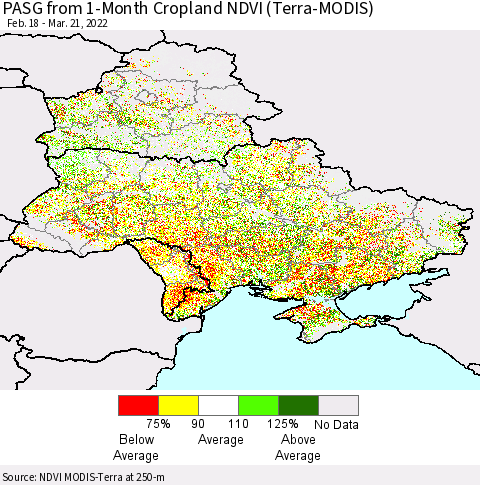 Ukraine, Moldova and Belarus PASG from 1-Month Cropland NDVI (Terra-MODIS) Thematic Map For 3/14/2022 - 3/21/2022