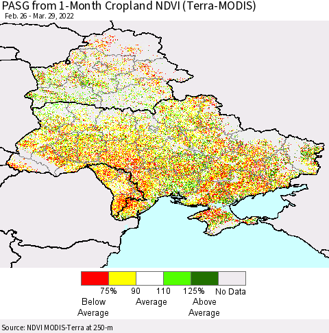 Ukraine, Moldova and Belarus PASG from 1-Month Cropland NDVI (Terra-MODIS) Thematic Map For 3/22/2022 - 3/29/2022