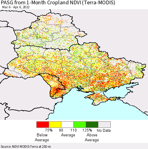 Ukraine, Moldova and Belarus PASG from 1-Month Cropland NDVI (Terra-MODIS) Thematic Map For 3/30/2022 - 4/6/2022