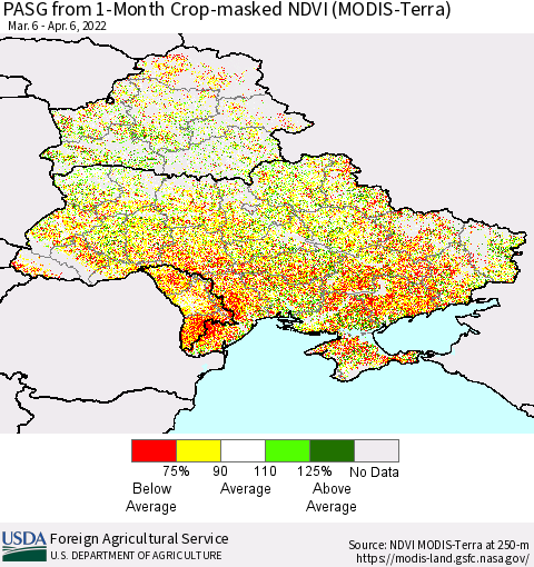 Ukraine, Moldova and Belarus PASG from 1-Month Cropland NDVI (Terra-MODIS) Thematic Map For 4/1/2022 - 4/10/2022