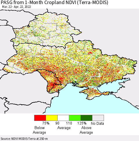 Ukraine, Moldova and Belarus PASG from 1-Month Cropland NDVI (Terra-MODIS) Thematic Map For 4/15/2022 - 4/22/2022