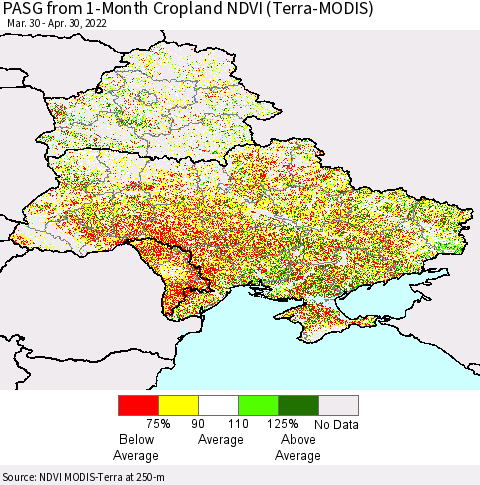 Ukraine, Moldova and Belarus PASG from 1-Month Cropland NDVI (Terra-MODIS) Thematic Map For 4/23/2022 - 4/30/2022