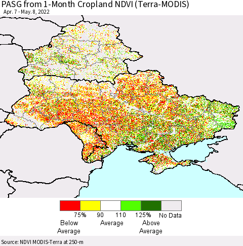 Ukraine, Moldova and Belarus PASG from 1-Month Cropland NDVI (Terra-MODIS) Thematic Map For 5/1/2022 - 5/8/2022