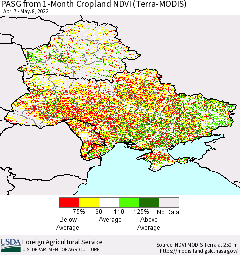 Ukraine, Moldova and Belarus PASG from 1-Month Cropland NDVI (Terra-MODIS) Thematic Map For 5/1/2022 - 5/10/2022