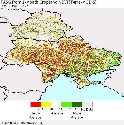 Ukraine, Moldova and Belarus PASG from 1-Month Cropland NDVI (Terra-MODIS) Thematic Map For 5/9/2022 - 5/16/2022
