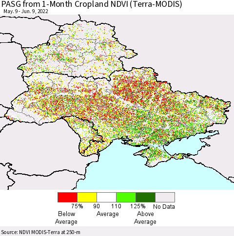 Ukraine, Moldova and Belarus PASG from 1-Month Cropland NDVI (Terra-MODIS) Thematic Map For 6/2/2022 - 6/9/2022