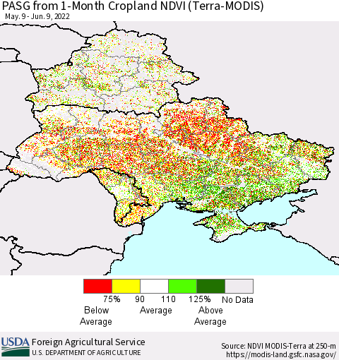 Ukraine, Moldova and Belarus PASG from 1-Month Cropland NDVI (Terra-MODIS) Thematic Map For 6/1/2022 - 6/10/2022