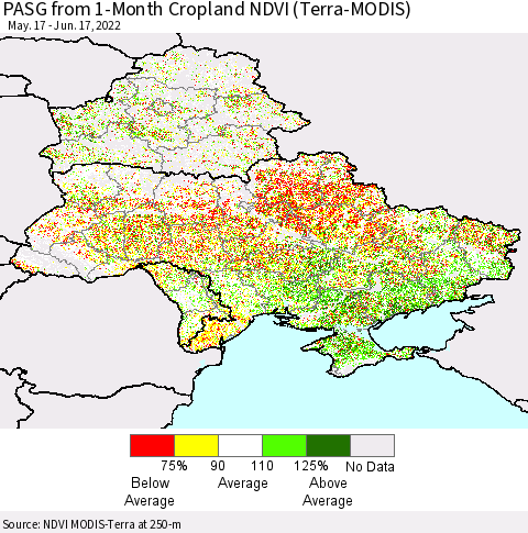 Ukraine, Moldova and Belarus PASG from 1-Month Cropland NDVI (Terra-MODIS) Thematic Map For 6/10/2022 - 6/17/2022