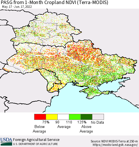 Ukraine, Moldova and Belarus PASG from 1-Month Cropland NDVI (Terra-MODIS) Thematic Map For 6/11/2022 - 6/20/2022