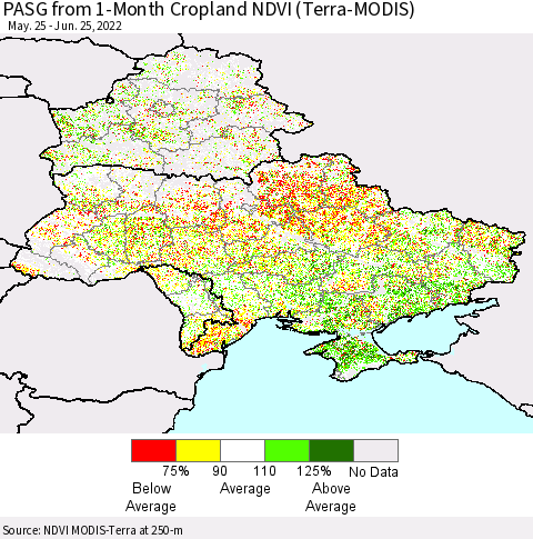 Ukraine, Moldova and Belarus PASG from 1-Month Cropland NDVI (Terra-MODIS) Thematic Map For 6/18/2022 - 6/25/2022