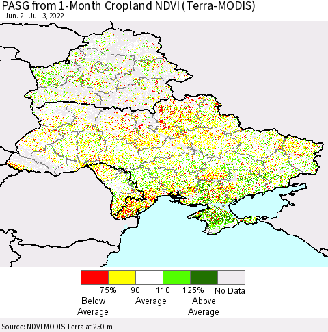 Ukraine, Moldova and Belarus PASG from 1-Month Cropland NDVI (Terra-MODIS) Thematic Map For 6/26/2022 - 7/3/2022