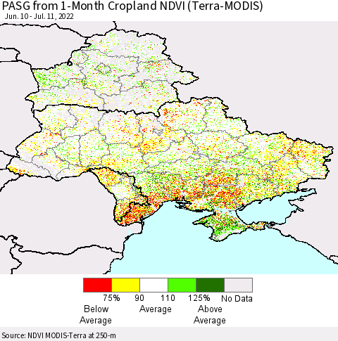 Ukraine, Moldova and Belarus PASG from 1-Month Cropland NDVI (Terra-MODIS) Thematic Map For 7/4/2022 - 7/11/2022
