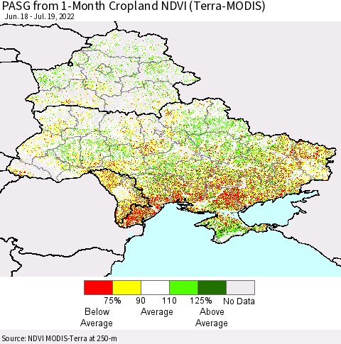 Ukraine, Moldova and Belarus PASG from 1-Month Cropland NDVI (Terra-MODIS) Thematic Map For 7/12/2022 - 7/19/2022