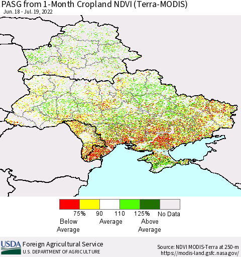 Ukraine, Moldova and Belarus PASG from 1-Month Cropland NDVI (Terra-MODIS) Thematic Map For 7/11/2022 - 7/20/2022