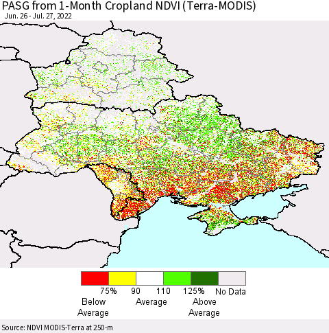Ukraine, Moldova and Belarus PASG from 1-Month Cropland NDVI (Terra-MODIS) Thematic Map For 7/20/2022 - 7/27/2022
