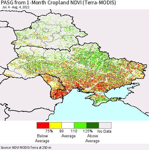 Ukraine, Moldova and Belarus PASG from 1-Month Cropland NDVI (Terra-MODIS) Thematic Map For 7/28/2022 - 8/4/2022