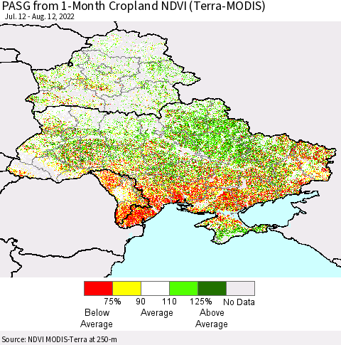 Ukraine, Moldova and Belarus PASG from 1-Month Cropland NDVI (Terra-MODIS) Thematic Map For 8/5/2022 - 8/12/2022