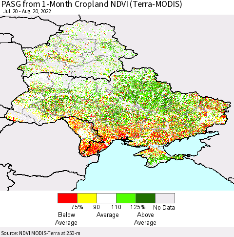 Ukraine, Moldova and Belarus PASG from 1-Month Cropland NDVI (Terra-MODIS) Thematic Map For 8/13/2022 - 8/20/2022