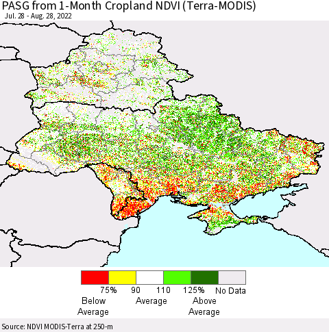 Ukraine, Moldova and Belarus PASG from 1-Month Cropland NDVI (Terra-MODIS) Thematic Map For 8/21/2022 - 8/28/2022