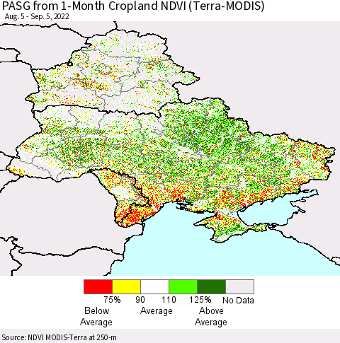 Ukraine, Moldova and Belarus PASG from 1-Month Cropland NDVI (Terra-MODIS) Thematic Map For 8/29/2022 - 9/5/2022