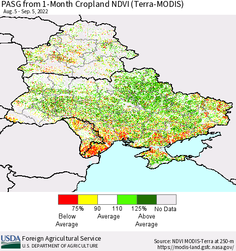Ukraine, Moldova and Belarus PASG from 1-Month Cropland NDVI (Terra-MODIS) Thematic Map For 9/1/2022 - 9/10/2022