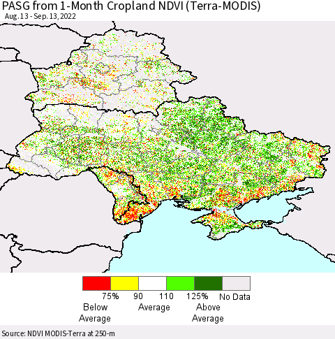Ukraine, Moldova and Belarus PASG from 1-Month Cropland NDVI (Terra-MODIS) Thematic Map For 9/6/2022 - 9/13/2022