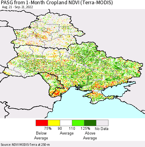 Ukraine, Moldova and Belarus PASG from 1-Month Cropland NDVI (Terra-MODIS) Thematic Map For 9/14/2022 - 9/21/2022