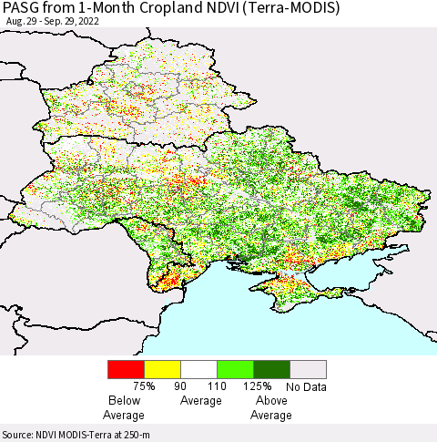 Ukraine, Moldova and Belarus PASG from 1-Month Cropland NDVI (Terra-MODIS) Thematic Map For 9/22/2022 - 9/29/2022