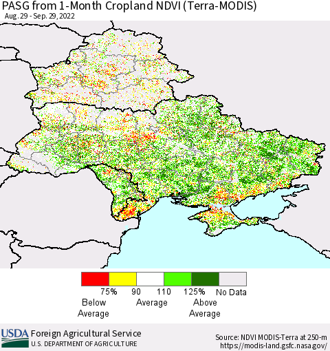 Ukraine, Moldova and Belarus PASG from 1-Month Cropland NDVI (Terra-MODIS) Thematic Map For 9/21/2022 - 9/30/2022