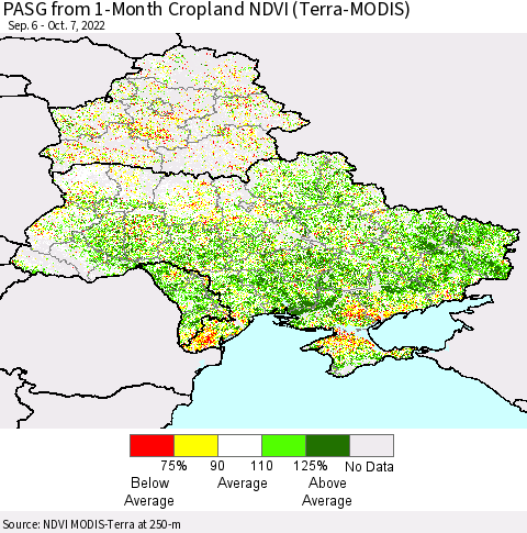 Ukraine, Moldova and Belarus PASG from 1-Month Cropland NDVI (Terra-MODIS) Thematic Map For 9/30/2022 - 10/7/2022