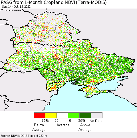 Ukraine, Moldova and Belarus PASG from 1-Month Cropland NDVI (Terra-MODIS) Thematic Map For 10/8/2022 - 10/15/2022