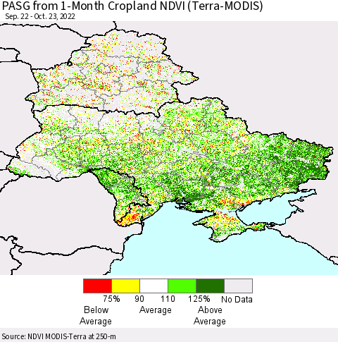 Ukraine, Moldova and Belarus PASG from 1-Month Cropland NDVI (Terra-MODIS) Thematic Map For 10/16/2022 - 10/23/2022