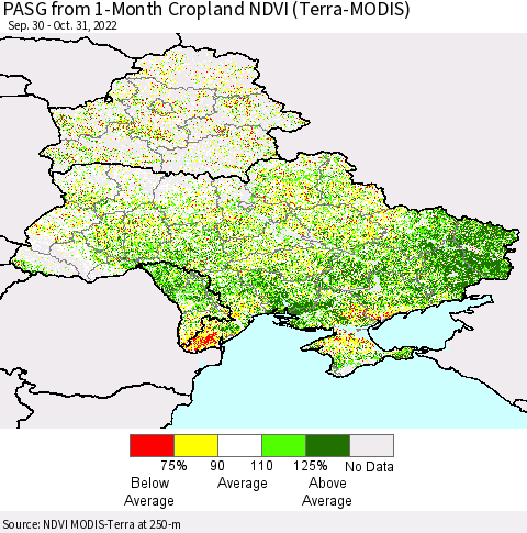 Ukraine, Moldova and Belarus PASG from 1-Month Cropland NDVI (Terra-MODIS) Thematic Map For 10/24/2022 - 10/31/2022