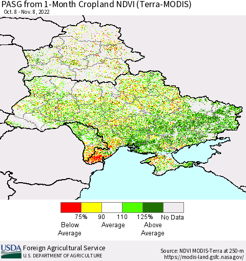 Ukraine, Moldova and Belarus PASG from 1-Month Cropland NDVI (Terra-MODIS) Thematic Map For 11/1/2022 - 11/10/2022