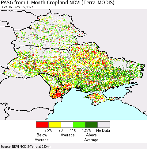 Ukraine, Moldova and Belarus PASG from 1-Month Cropland NDVI (Terra-MODIS) Thematic Map For 11/9/2022 - 11/16/2022
