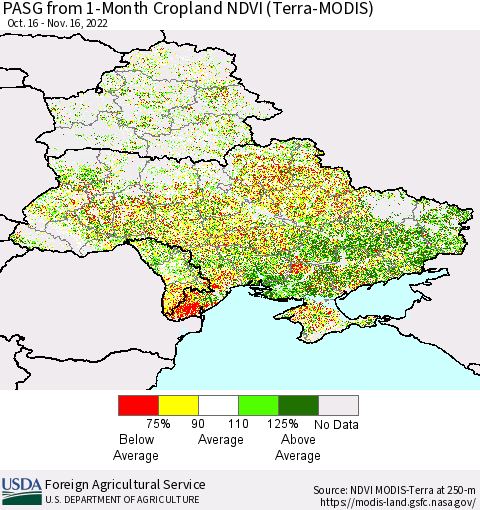 Ukraine, Moldova and Belarus PASG from 1-Month Cropland NDVI (Terra-MODIS) Thematic Map For 11/11/2022 - 11/20/2022