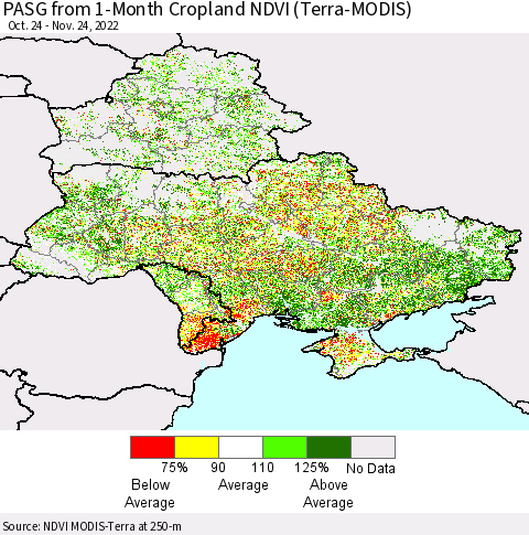 Ukraine, Moldova and Belarus PASG from 1-Month Cropland NDVI (Terra-MODIS) Thematic Map For 11/17/2022 - 11/24/2022