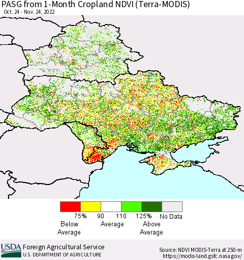 Ukraine, Moldova and Belarus PASG from 1-Month Cropland NDVI (Terra-MODIS) Thematic Map For 11/21/2022 - 11/30/2022