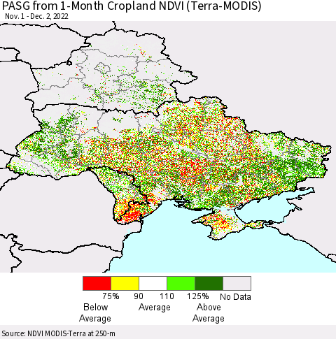 Ukraine, Moldova and Belarus PASG from 1-Month Cropland NDVI (Terra-MODIS) Thematic Map For 11/25/2022 - 12/2/2022