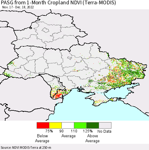 Ukraine, Moldova and Belarus PASG from 1-Month Cropland NDVI (Terra-MODIS) Thematic Map For 12/11/2022 - 12/18/2022