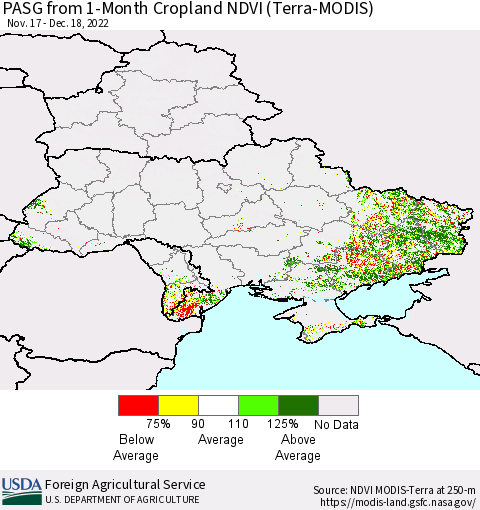 Ukraine, Moldova and Belarus PASG from 1-Month Cropland NDVI (Terra-MODIS) Thematic Map For 12/11/2022 - 12/20/2022