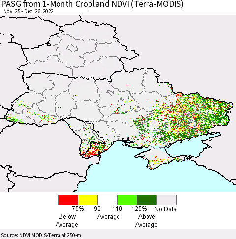 Ukraine, Moldova and Belarus PASG from 1-Month Cropland NDVI (Terra-MODIS) Thematic Map For 12/19/2022 - 12/26/2022